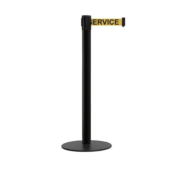 Montour Line Stanchion Belt Barrier Flat Base Black Post 7.5 ft Out Of Service Belt S400-BK-OUTOFYB-75 - main
